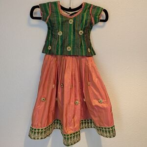 Green and Iridescent Pink-Peach Chaniya Choli with Gold Embellishments